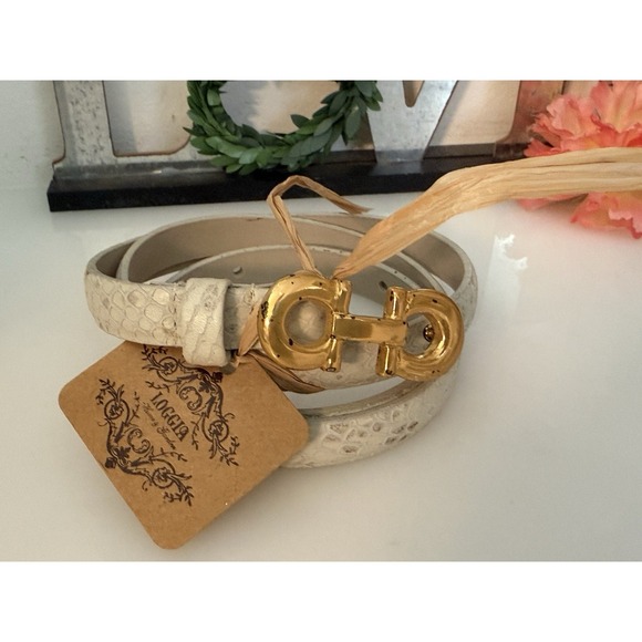 Anna Pellissari Size L Gold Tone Buckle Beige Gray Animal Print Leather Belt NWT main image 10